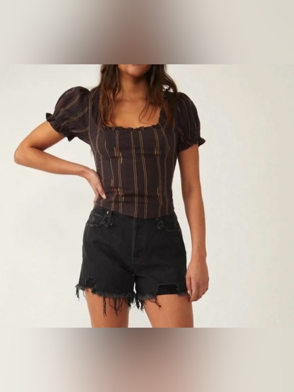 Free People Brown Striped Square-Neck Puff Sleeve Blouse - Size XS